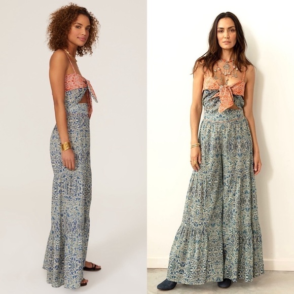 CAROLINA K Paisley Organic Cotton High Rise Flowy Ruffle Flared Wide Leg Pants M - Picture 5 of 8